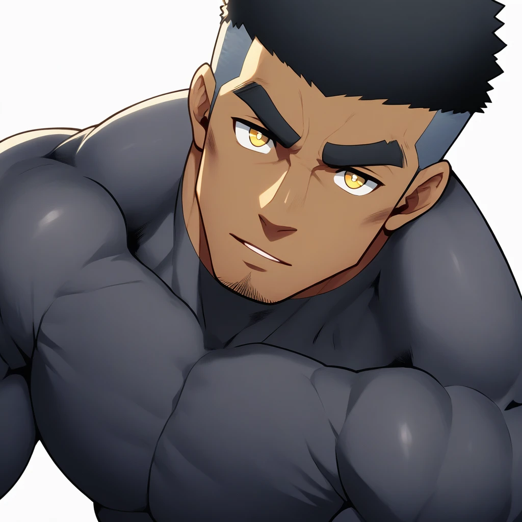 one negro, anime characters:Gyee, Muscle Sports Student, ????? black skin, Very Black, 1 muscular tough guy, Manliness, male focus, Dark grey ong sleeve tights, Regular symmetrical pattern, Very tight, The pectoral muscles are oversized, muscular male, muscular, only, Upper body, alone, Black short hair, Thick eyebrows, stubble, Yellow eyes, White background, simple background, amazing quality, best aesthetics, Ridiculous, bright pupils, crew cut, parted lips, seductive smile, torogao, naughty face, best quality