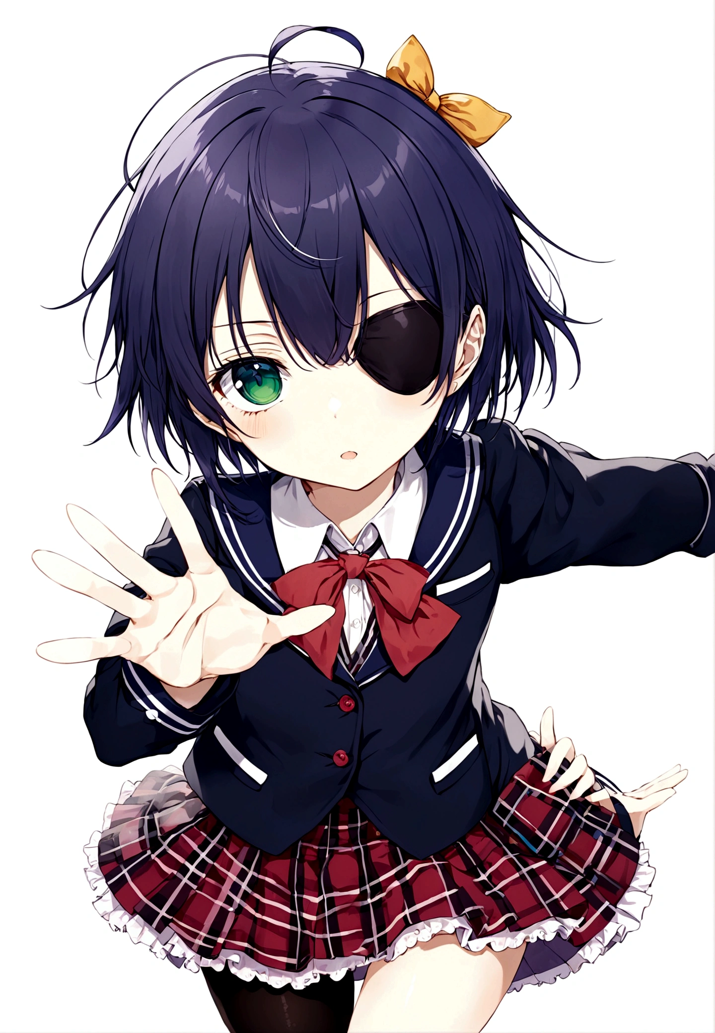 1girl,Purple Hair,Left eye patch,Right eye green pupil,short hair,Petite,Uniforms,icho private high school,White medical eye patch,Plaid skirt,Black over-the-knee socks,takanashi rikka,solo,