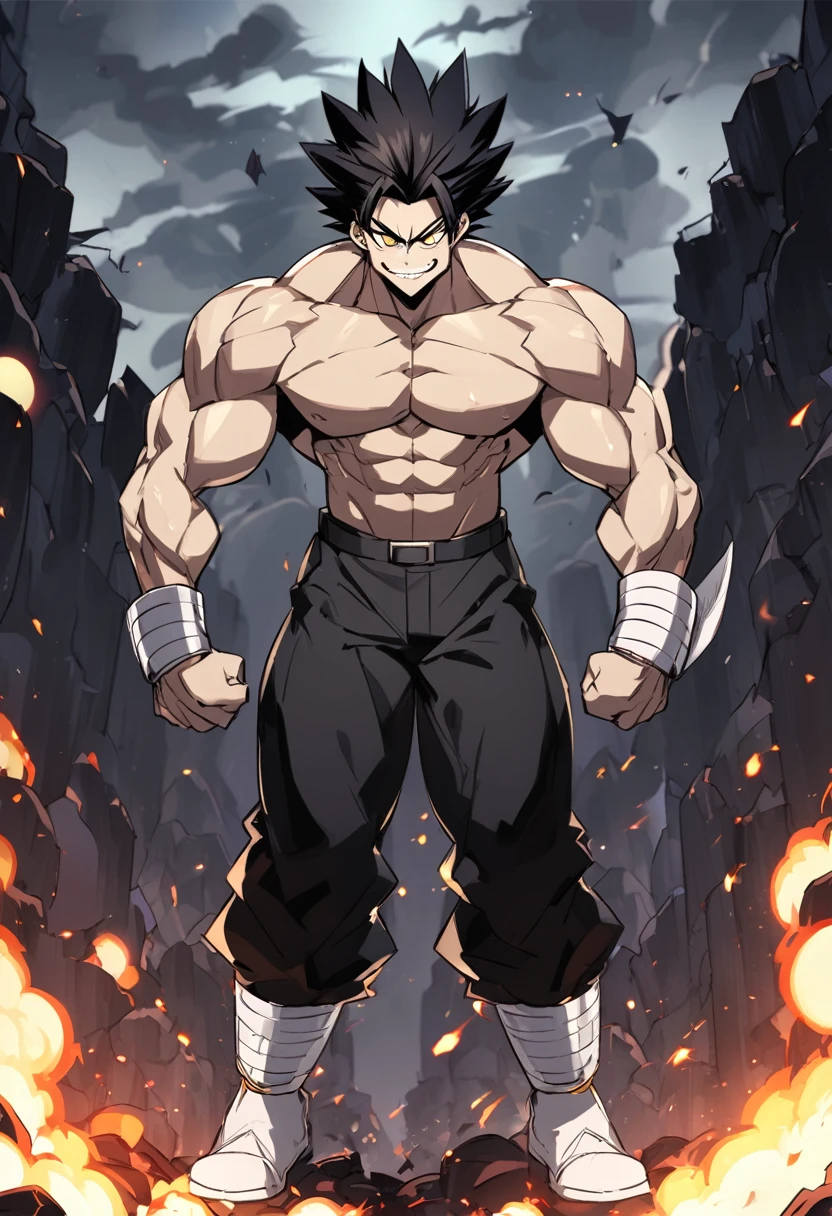 dragon ball style, a man, strong, muscular, feared Saiyan, tall size, long straight black hair, yellow eyes, Saiyan warrior clothes, wearing black pants, white boots, no shirt, evil smile, dark look, dark aura, destruction background