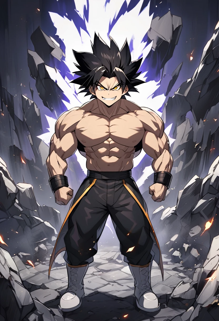 dragon ball style, a man, strong, muscular, feared Saiyan, tall size, long straight black hair, yellow eyes, Saiyan warrior clothes, wearing black pants, white boots, no shirt, evil smile, dark look, dark aura, destruction background