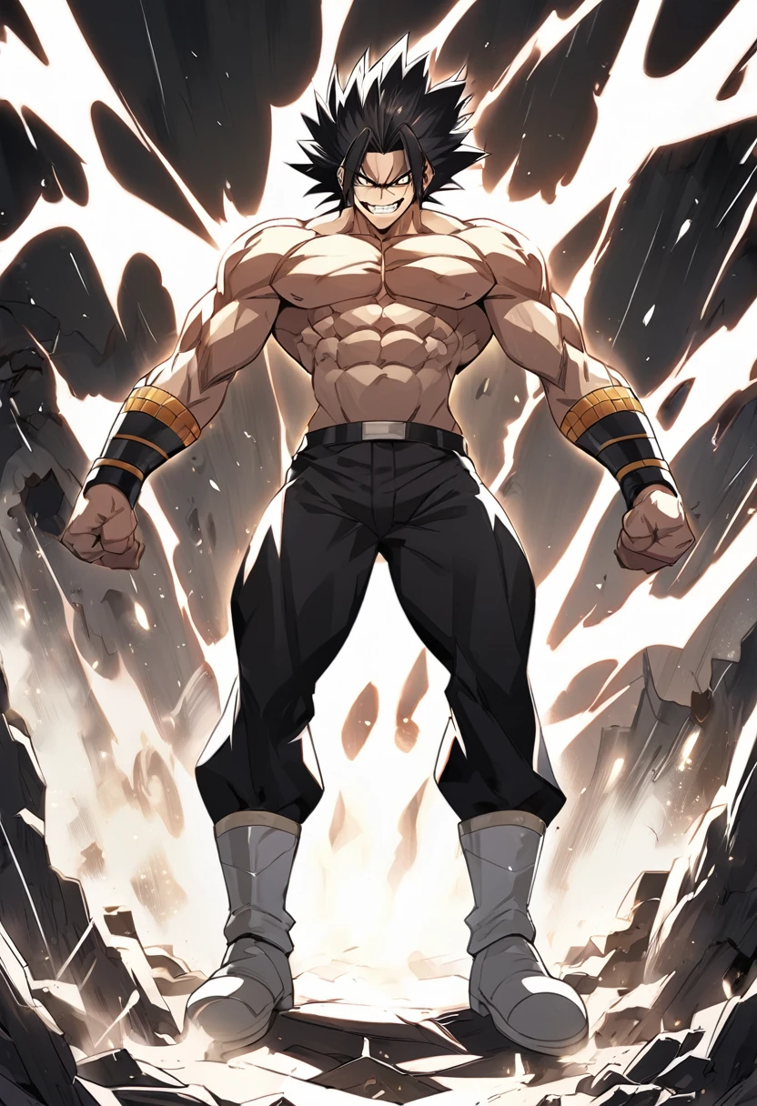dragon ball style, a man, strong, muscular, feared Saiyan, tall size, long straight black hair, yellow eyes, Saiyan warrior clothes, wearing black pants, white boots, no shirt, evil smile, dark look, dark aura, destruction background