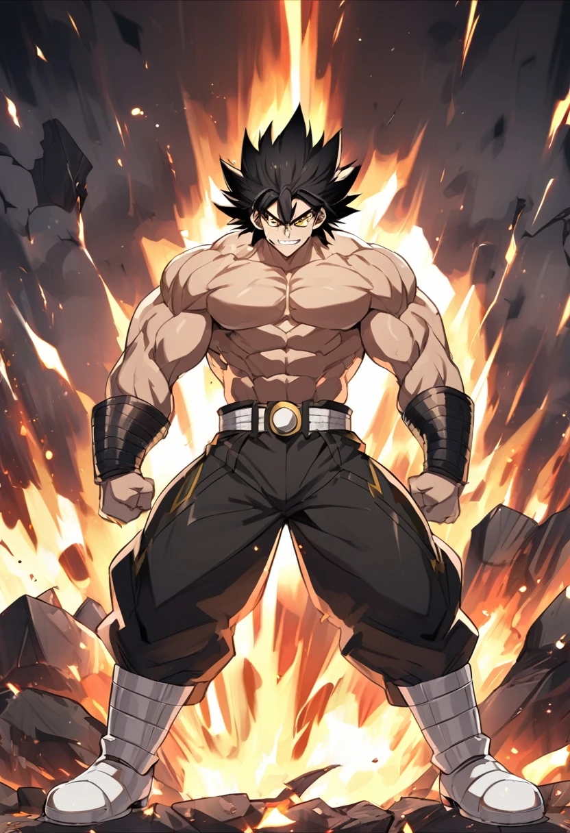 dragon ball style, a man, strong, muscular, feared Saiyan, tall size, long straight black hair, yellow eyes, Saiyan warrior clothes, wearing black pants, white boots, no shirt, evil smile, dark look, dark aura, destruction background