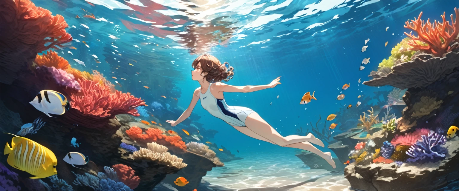 (Highest quality、Very detailed、Very detailed and beautiful、Ultra-high resolution) 、In the water、Swimming girl、{Brown Hair、short hair、Wavy Hair、Curly Hair、Low Twintails}, White one piece swimsuit、Competitive swimming suits、Small breasts, from side、Coral Reef、tropical fish