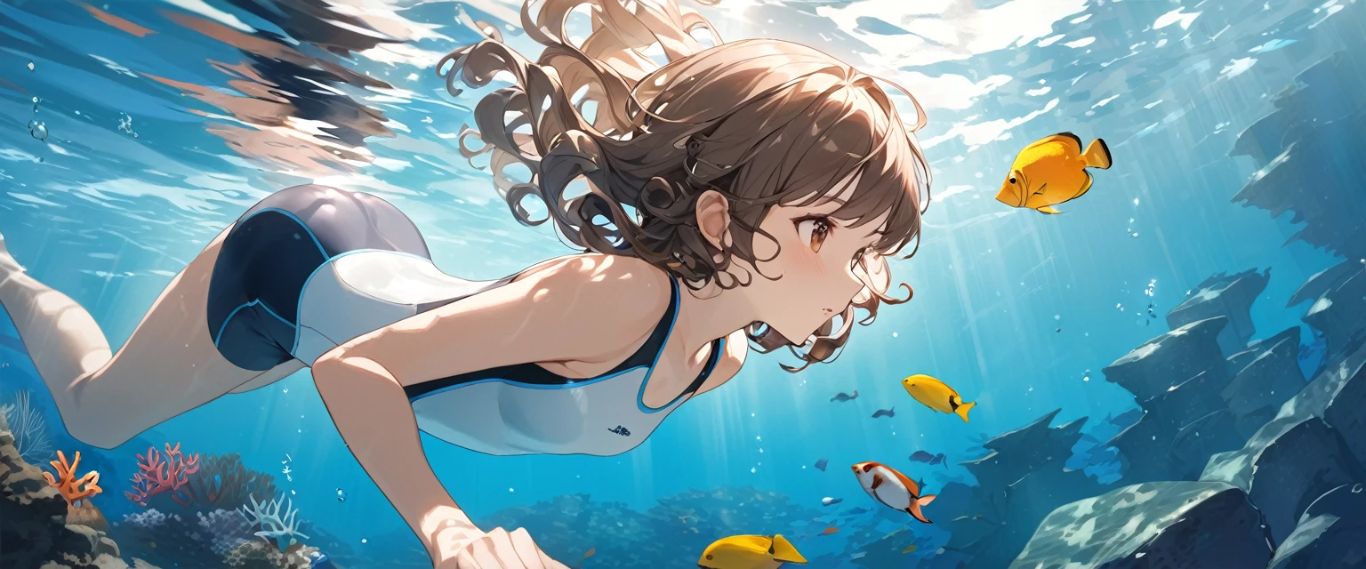 (Highest quality、Very detailed、Very detailed and beautiful、Ultra-high resolution) 、In the water、Swimming girl、{Brown Hair、short hair、Wavy Hair、Curly Hair、Low Twintails}, White one piece swimsuit、Competitive swimming suits、Small breasts, from side、Coral Reef、tropical fish