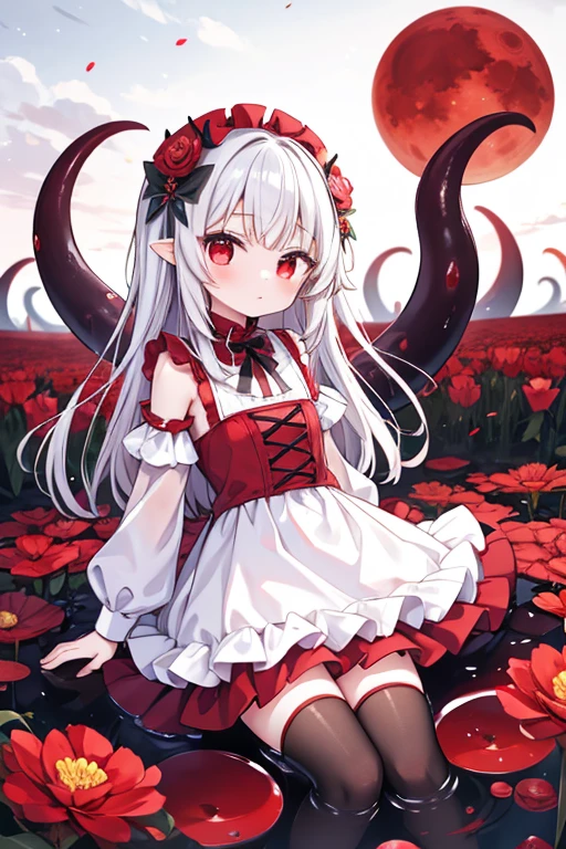 Girl, {loli}, blood moon, black and red tentacles, white flowerfield