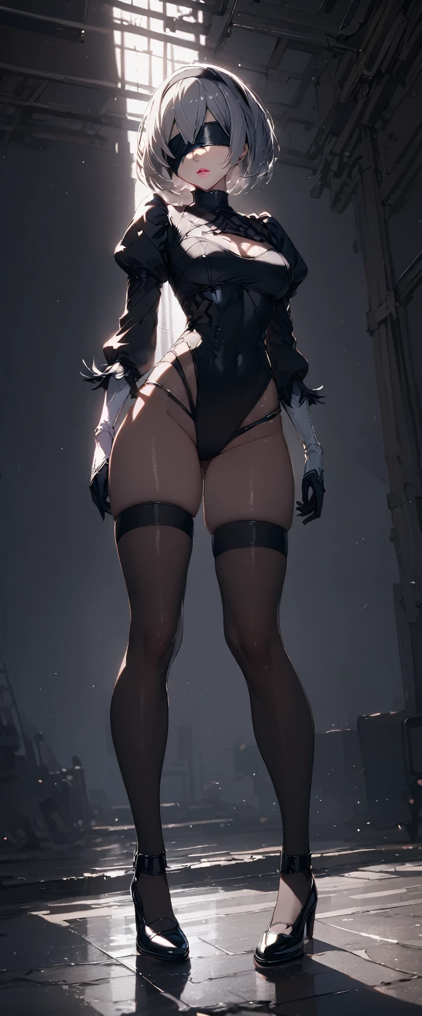 (One girl, alone, alone), (yorha no.2 Type B, 2B, One girl, alone, short hair, Gray Hair, hair band, Blindfold, eyes covered, black Blindfold), ((alone, (1 Female,Pink lipstick), Very detailed , Soft indirect lighting, 4K, Perfect Eyes, Perfect Face, Perfect lighting, The first girl)), ((Fitness, , Shapely body, huge firm bouncing bust)) , ((armor, Black Skirt, Black Swimsuit, Bodysuits, Gold Detail, gem, diamond, Emerald, sapphire, Ruby, amethyst, High heels, More Silver, Angel, Angelic, Magi, fire, Casting a Spell, Shapely abdomen, Muscular abdomen))