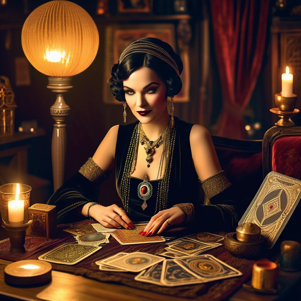 A realistic illustration of a 1920s retro fortune teller, dressed in elegant vintage clothing with intricate details. She sits at a wooden table covered with a velvet cloth, reading tarot cards. The setting is dimly lit with warm, ambient lighting, and there are antique furniture and mystical artifacts around her.