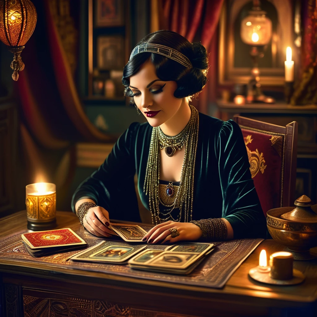 A realistic illustration of a 1920s retro fortune teller, dressed in elegant vintage clothing with intricate details. She sits at a wooden table covered with a velvet cloth, reading tarot cards. The setting is dimly lit with warm, ambient lighting, and there are antique furniture and mystical artifacts around her.