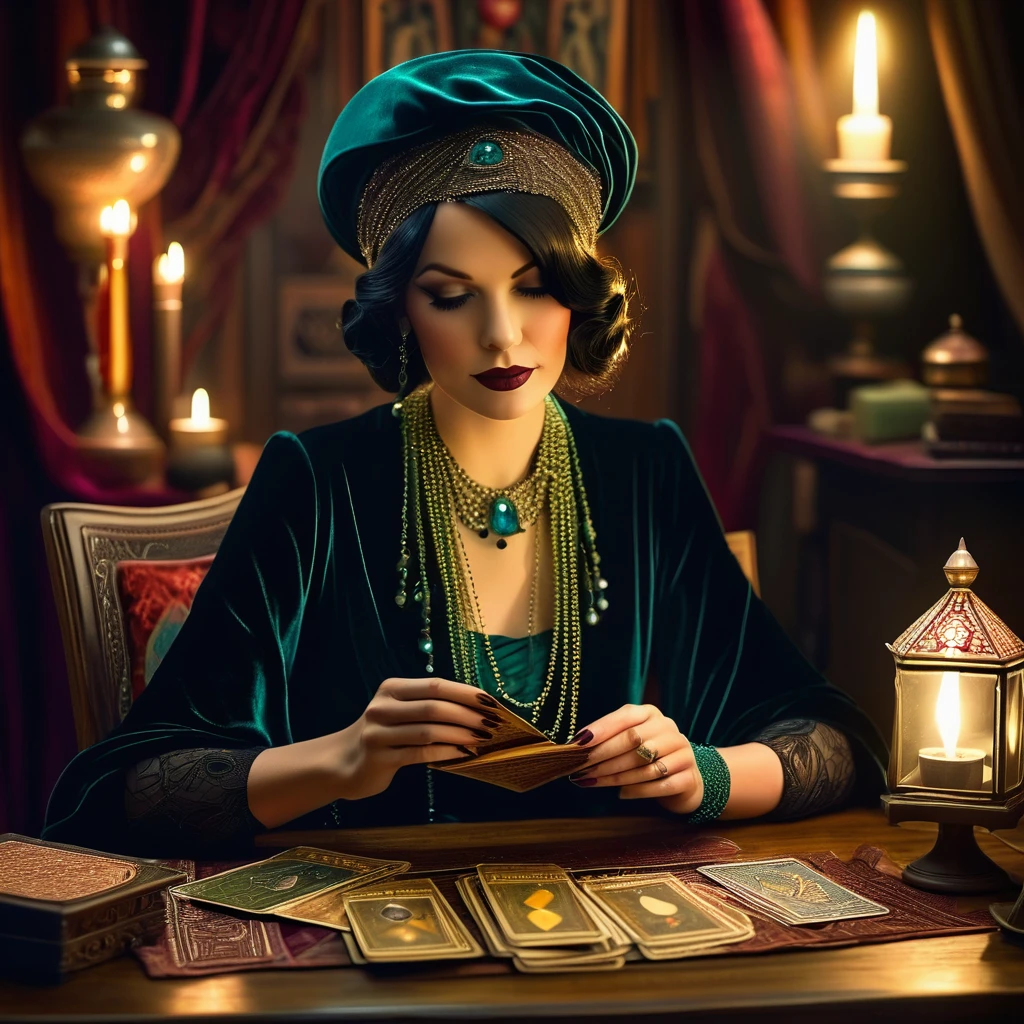 A realistic illustration of a 1920s retro fortune teller, dressed in elegant vintage clothing with intricate details. She sits at a wooden table covered with a velvet cloth, reading tarot cards. The setting is dimly lit with warm, ambient lighting, and there are antique furniture and mystical artifacts around her.