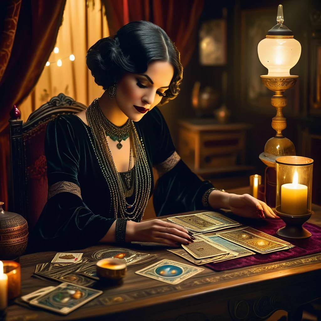 A realistic illustration of a 1920s retro fortune teller, dressed in elegant vintage clothing with intricate details. She sits at a wooden table covered with a velvet cloth, reading tarot cards. The setting is dimly lit with warm, ambient lighting, and there are antique furniture and mystical artifacts around her.