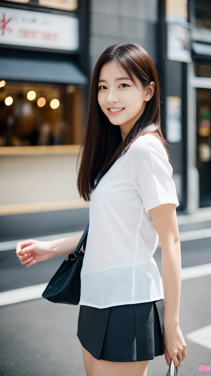 Office lady in Japanese bank clerk uniform、lunch、Walking around the city、smile、Tight mini skirt、masterpiece,best quality,ultra detailed,highres,high-resolution,4k,realistic,RAW photo,((real person)),portrait photography,photorealistic,detailed skin,(delicate black eyes ), A soothing woman with sagging eyes,Calm and calm, middle hair,skinny,clothing,The wind is blowing,tareme、7 heads、Beautiful legs