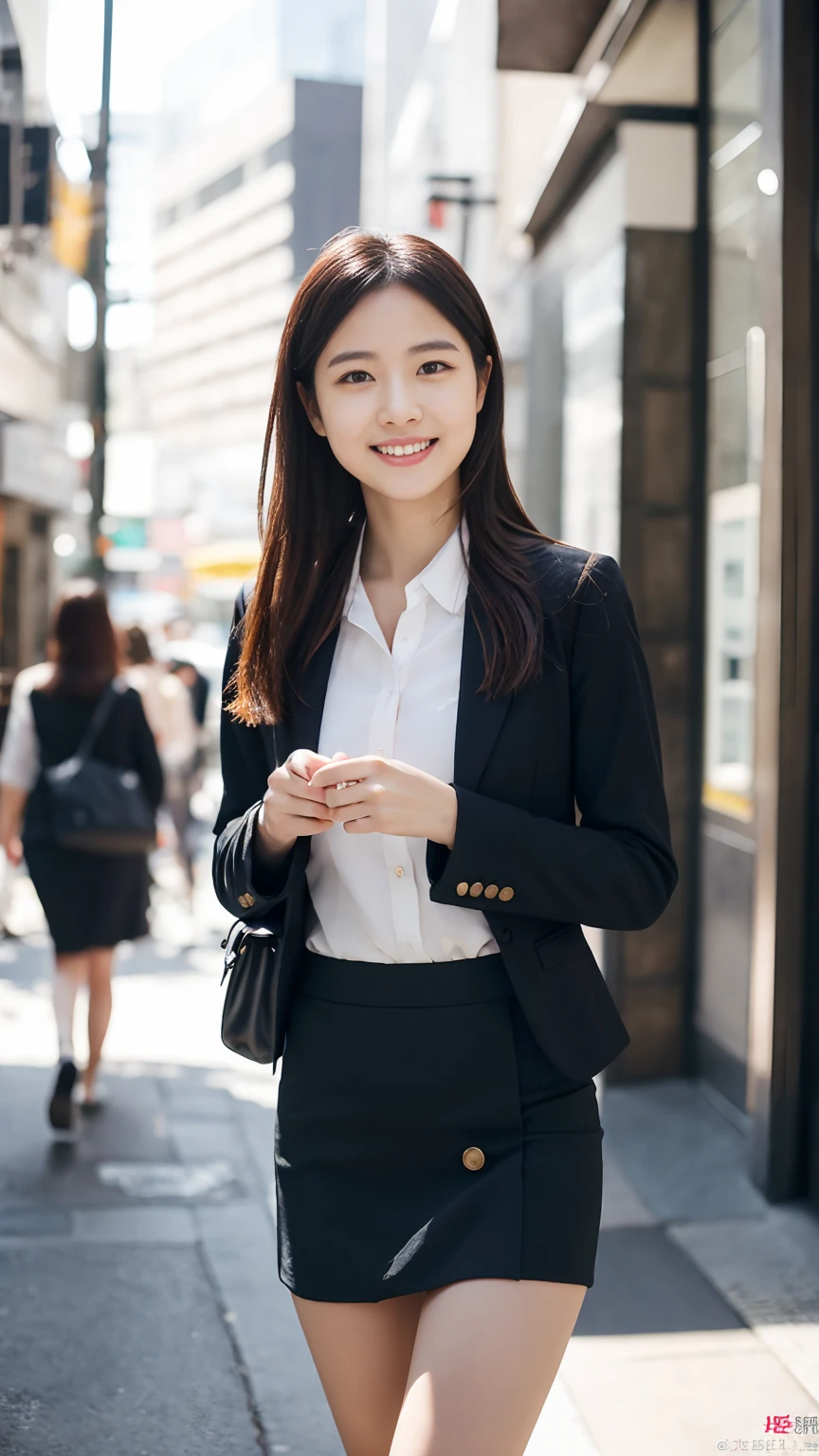 Office lady in Japanese bank clerk uniform、lunch、Walking around the city、smile、Tight mini skirt、masterpiece,best quality,ultra detailed,highres,high-resolution,4k,realistic,RAW photo,((real person)),portrait photography,photorealistic,detailed skin,(delicate black eyes ), A soothing woman with sagging eyes,Calm and calm, middle hair,skinny,clothing,The wind is blowing,tareme、7 heads、Beautiful legs
