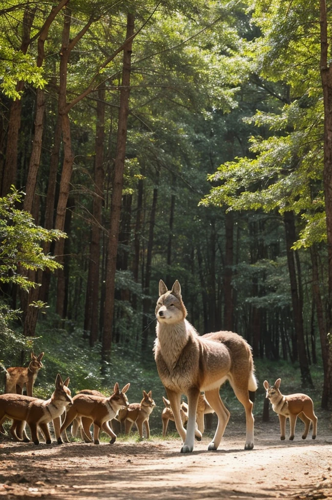 Crea una fiesta en el bosque, quiero que tenga un lobo, dos zorros, muchos gatos, un conejo y una hada pelirroja con cabello corto y rizado en el centro. I want everyone to be very happy and dancing