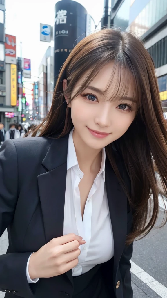 highest quality、genuine、Super detailed、finely、High resolution、8k wallpaper、one beautiful woman、、、light brown disheveled hair、wearing a business suit、sharp focus、perfect dynamic composition、beautiful and detailed eyes、thin hair、Detailed genuine skin texture、smile、model body shape、In Tokyo at morning、