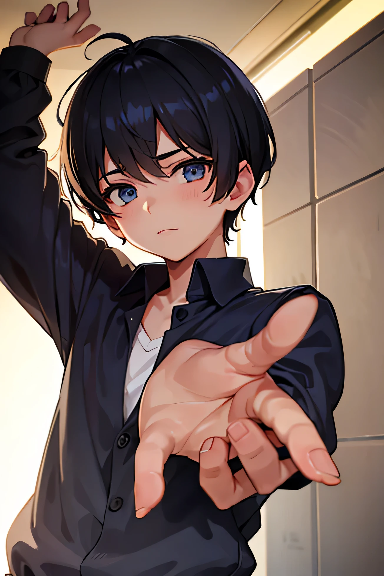 A boy with short hair is reaching out his hand