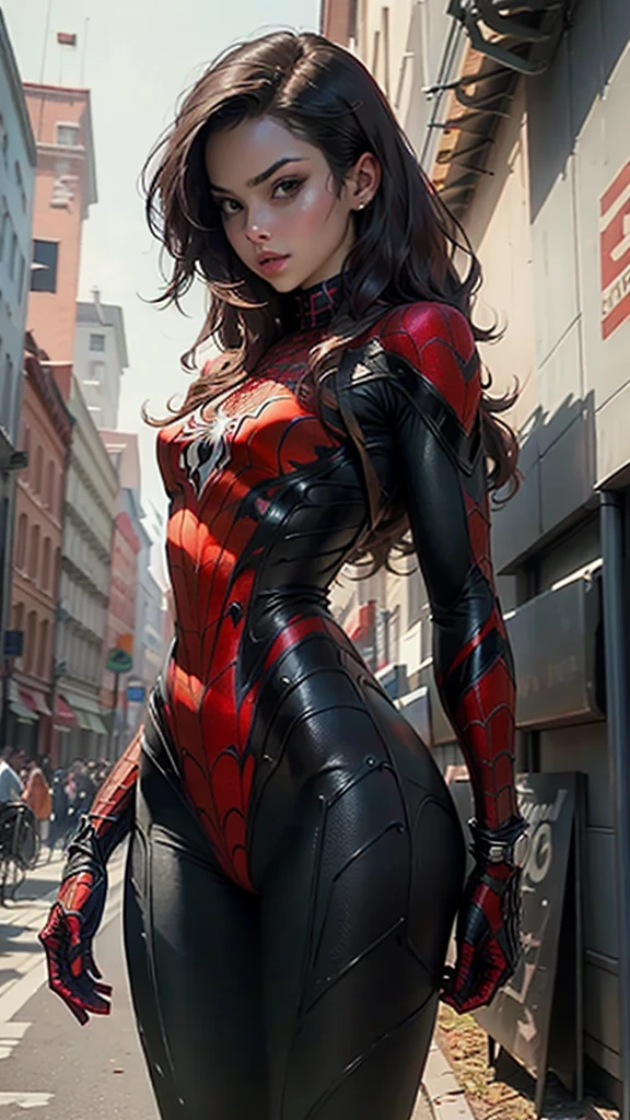 Beautiful woman detailed defined body using spider man cosplay, small breasts