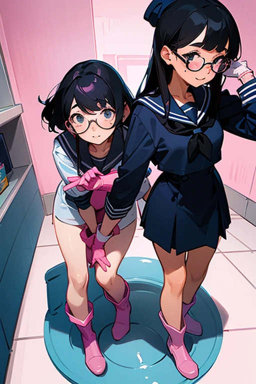 A pair of freckled high school girls with glasses and black hair in navy blue long-sleeved sailor uniforms cleaning the school toilets while wearing large pink rubber gloves and white rubber boots