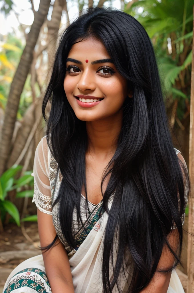 Create a kerala girl with black hair and dark black eyes with a smile