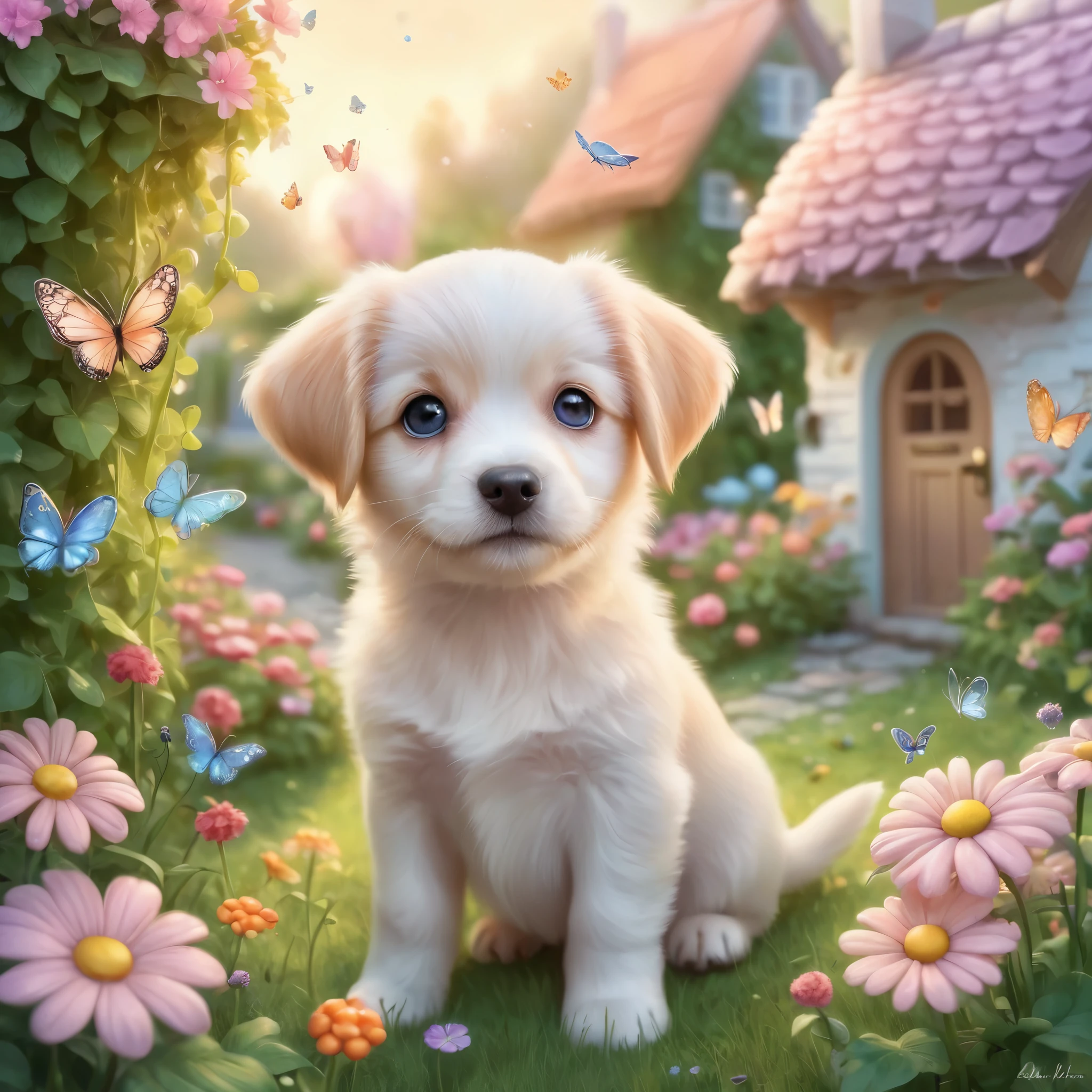 Create an incredibly charming and visually delightful image featuring an adorable dog. Picture a excited, wide-eyed puppy with a playful expression, playing amidst a whimsical garden filled with oversized, colorful flowers and fluttering butterflies. The puppy's fur is soft and shiny, with a unique pattern that makes it stand out. Surrounding the puppy are small, magical elements like glowing fireflies, tiny fairies, and sparkling dewdrops that add a touch of enchantment to the scene.
In the background, a cozy, picturesque cottage with a thatched roof and blooming vines can be seen, adding to the idyllic and magical atmosphere. The sky is a soft gradient of pastel colors, indicating either dawn or dusk, casting a gentle, warm light over the entire scene. The colors should be bright and cheerful, with a harmonious blend of natural tones and fantasy hues.
The entire image should evoke a sense of warmth, joy, and wonder, capturing the heart-melting cuteness of the puppy while immersing the viewer in a beautifully crafted, magical world.