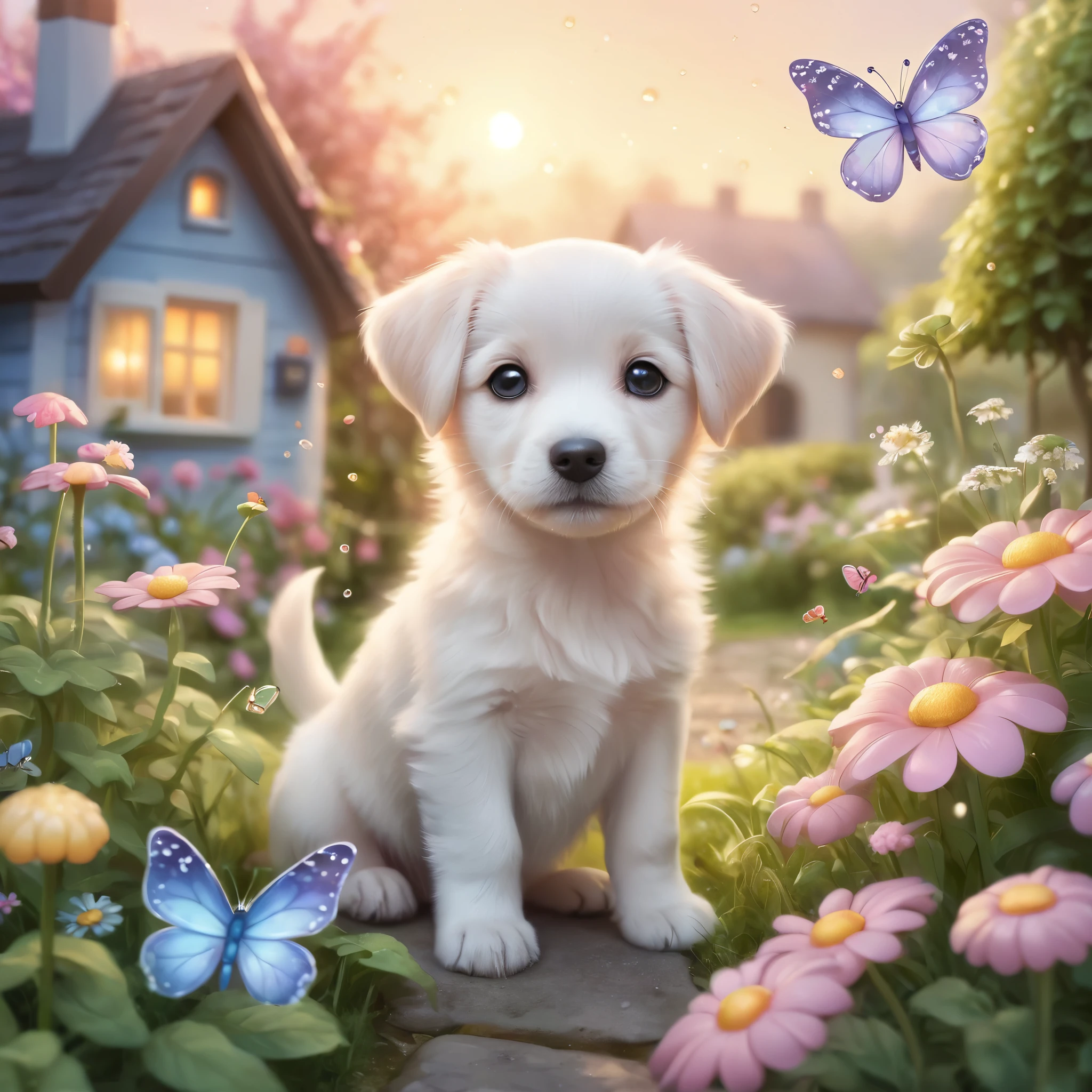 Create an incredibly charming and visually delightful image featuring an adorable dog. Picture a excited, wide-eyed puppy with a playful expression, playing amidst a whimsical garden filled with oversized, colorful flowers and fluttering butterflies. The puppy's fur is soft and shiny, with a unique pattern that makes it stand out. Surrounding the puppy are small, magical elements like glowing fireflies, tiny fairies, and sparkling dewdrops that add a touch of enchantment to the scene.

In the background, a cozy, picturesque cottage with a thatched roof and blooming vines can be seen, adding to the idyllic and magical atmosphere. The sky is a soft gradient of pastel colors, indicating either dawn or dusk, casting a gentle, warm light over the entire scene. The colors should be bright and cheerful, with a harmonious blend of natural tones and fantasy hues.

The entire image should evoke a sense of warmth, joy, and wonder, capturing the heart-melting cuteness of the puppy while immersing the viewer in a beautifully crafted, magical world.