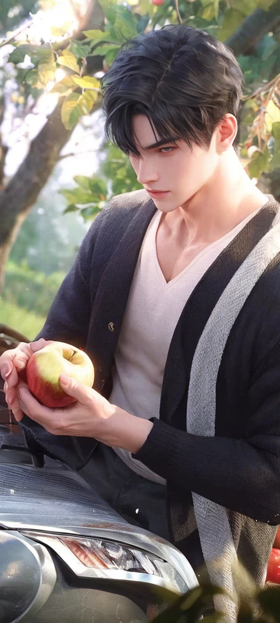 masterpiece, 1boy, handsome, black hair, undercut hair, perfect face, detailed eyes and face, black eyes, clean shaved, muscular, capturing a rural atmosphere, dynamic lighting, unreal engine 5, hold an apple
