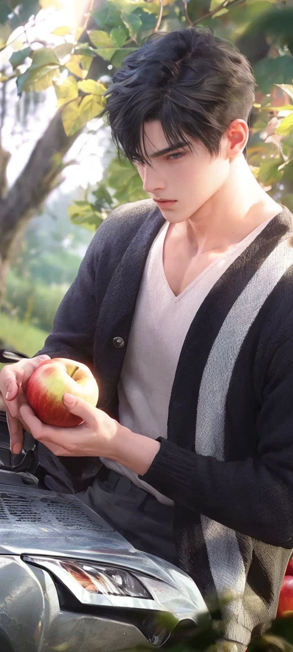 masterpiece, 1boy, handsome, black hair, undercut hair, perfect face, detailed eyes and face, black eyes, clean shaved, muscular, capturing a rural atmosphere, dynamic lighting, unreal engine 5, hold an apple