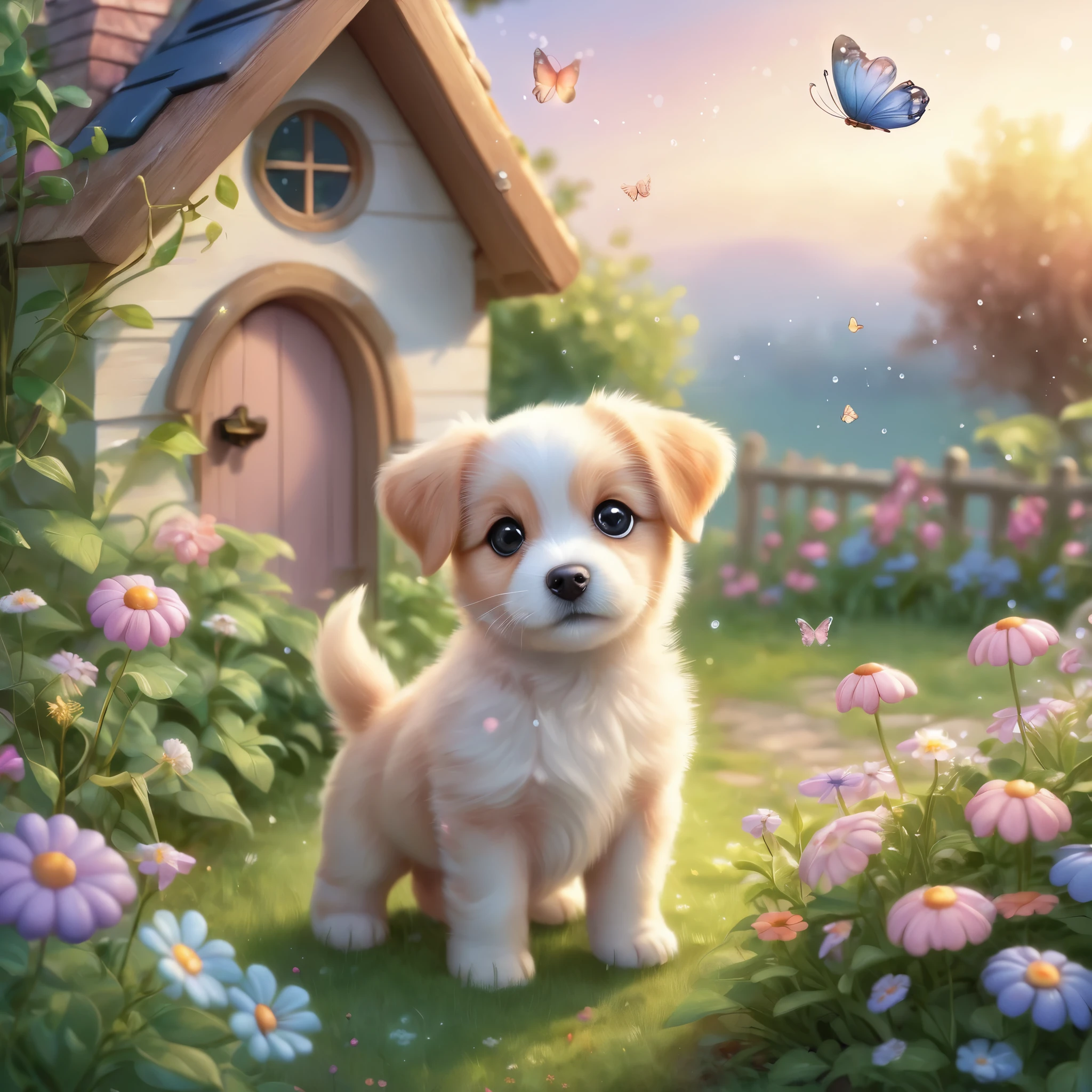 Create an incredibly charming and visually delightful image featuring an adorable dog. Picture a excited, wide-eyed puppy with a playful expression, playing amidst a whimsical garden filled with oversized, colorful flowers and fluttering butterflies. The puppy's fur is soft and shiny, with a unique pattern that makes it stand out. Surrounding the puppy are small, magical elements like glowing fireflies, tiny fairies, and sparkling dewdrops that add a touch of enchantment to the scene.

In the background, a cozy, picturesque cottage with a thatched roof and blooming vines can be seen, adding to the idyllic and magical atmosphere. The sky is a soft gradient of pastel colors, indicating either dawn or dusk, casting a gentle, warm light over the entire scene. The colors should be bright and cheerful, with a harmonious blend of natural tones and fantasy hues.

The entire image should evoke a sense of warmth, joy, and wonder, capturing the heart-melting cuteness of the puppy while immersing the viewer in a beautifully crafted, magical world.
