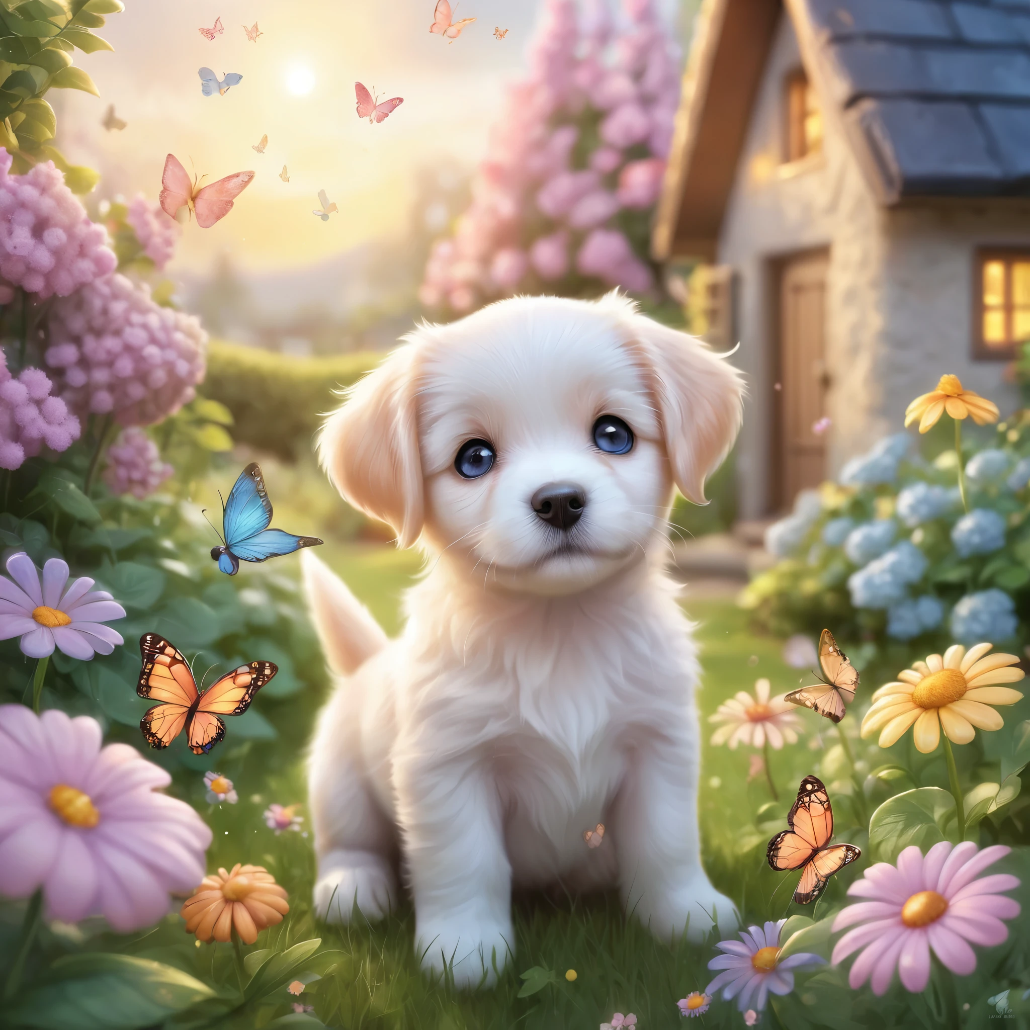 Create an incredibly charming and visually delightful image featuring an adorable dog. Picture a excited, wide-eyed puppy with a playful expression, playing amidst a whimsical garden filled with oversized, colorful flowers and fluttering butterflies. The puppy's fur is soft and shiny, with a unique pattern that makes it stand out. Surrounding the puppy are small, magical elements like glowing fireflies, tiny fairies, and sparkling dewdrops that add a touch of enchantment to the scene.
In the background, a cozy, picturesque cottage with a thatched roof and blooming vines can be seen, adding to the idyllic and magical atmosphere. The sky is a soft gradient of pastel colors, indicating either dawn or dusk, casting a gentle, warm light over the entire scene. The colors should be bright and cheerful, with a harmonious blend of natural tones and fantasy hues.
The entire image should evoke a sense of warmth, joy, and wonder, capturing the heart-melting cuteness of the puppy while immersing the viewer in a beautifully crafted, magical world.