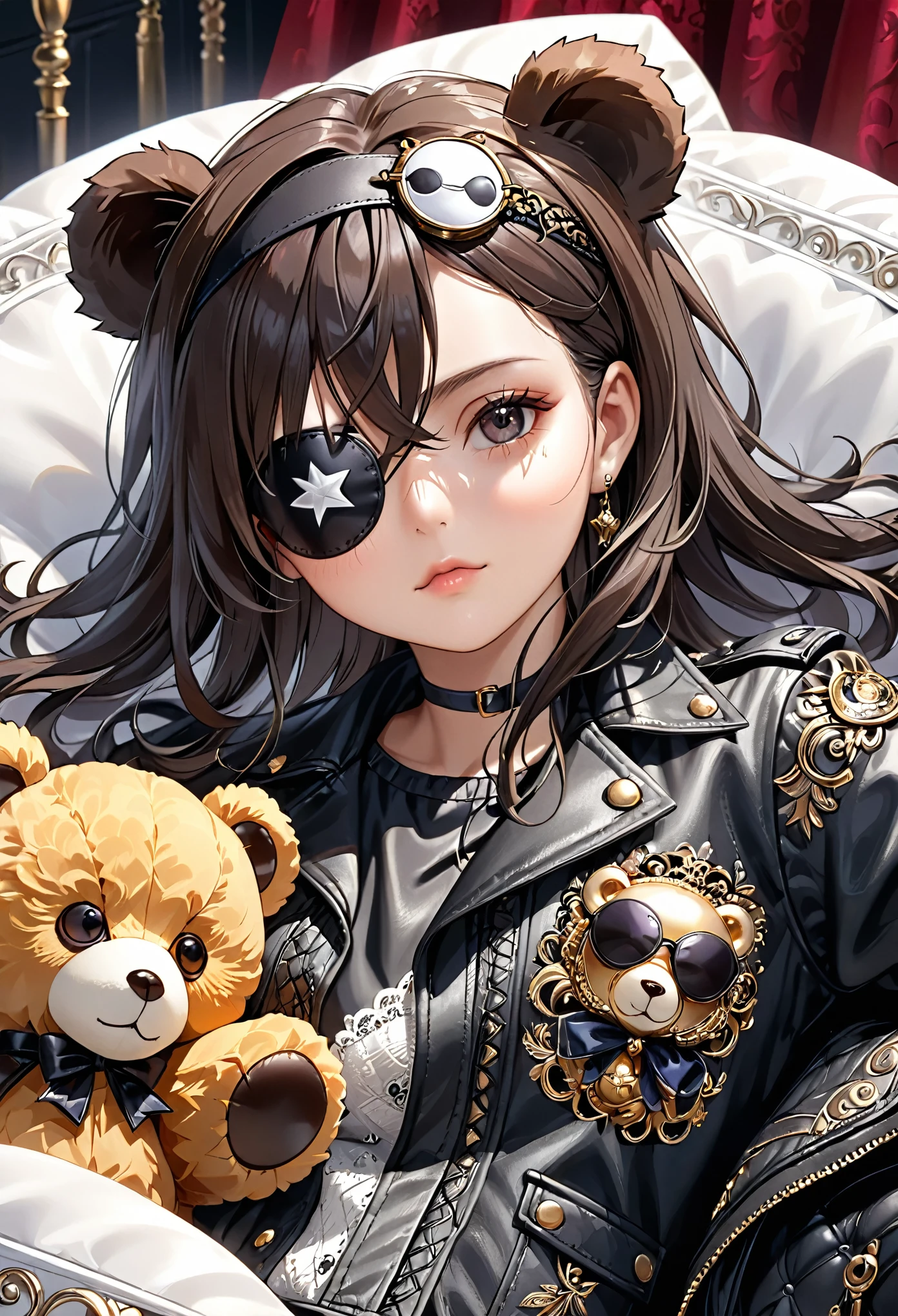 single Eye Patch with stuffed bear illustration, (single eyepatch:1.5), black leather single eye patch, intricate detailed eye patch, (Masterpiece), (Best Quality), (High Detailes), intricate details,. intricate detail texture