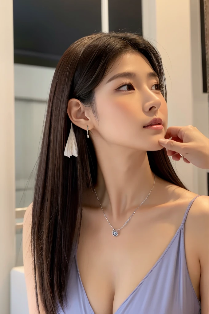 girl giving massage to customer, work clothes,((full body)),((photo)),((best qualtiy, 8K, tmasterpiece:1.3)), Focus:1.2, perfect figure beautiful girl:1.4,1girl,cowboy shot,look at viewer,incredibly absurd, beautiful and cute girl with a photorealistic face, showcasing top-quality craftsmanship, Japanese woman working at a massage parlor, 20 years old, straight black hair down to the jaw line, silky and straight hair, fair and clear skin, small face, straight nose, large round brown eyes, long eyelashes, plump cherry-colored lips, well-defined eyebrows, clean-cut face, long neck, beautiful décolleté line, , delicate, slender, beautiful C-cup breasts, silver necklace, small earrings, pretty older woman, beautiful, neat, soothing, devilish type, calm demeanor, soft-spoken, curious, likes alcohol, likes to try new things, mature, June