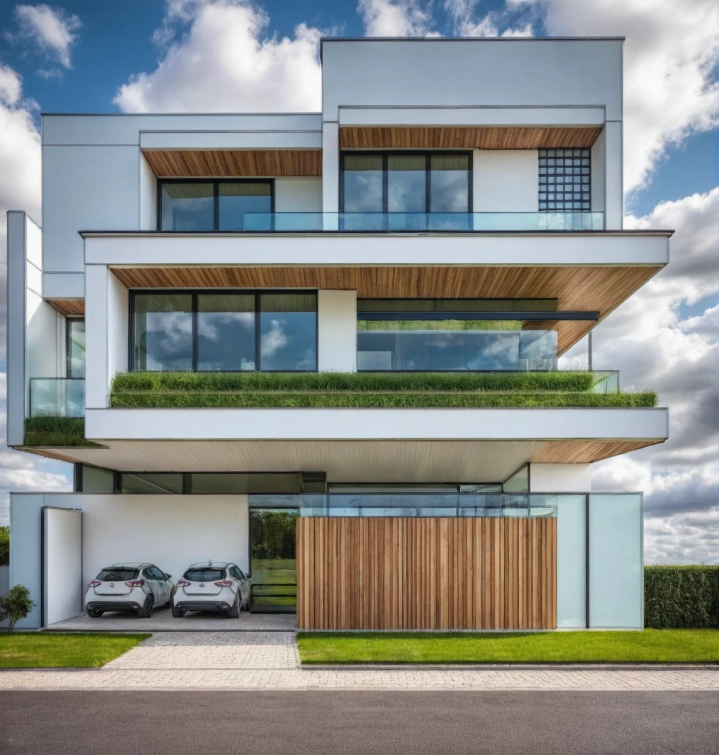 Raw photo, Masterpiece, high quality, best quality, authentic, super detail,
outdoors, house style modern,bietthuHN, white wall, glass windows, canopy,car
road, grass, trees, sky, cloud, daylight:2.2), vivid colors, (realistic:2.3),