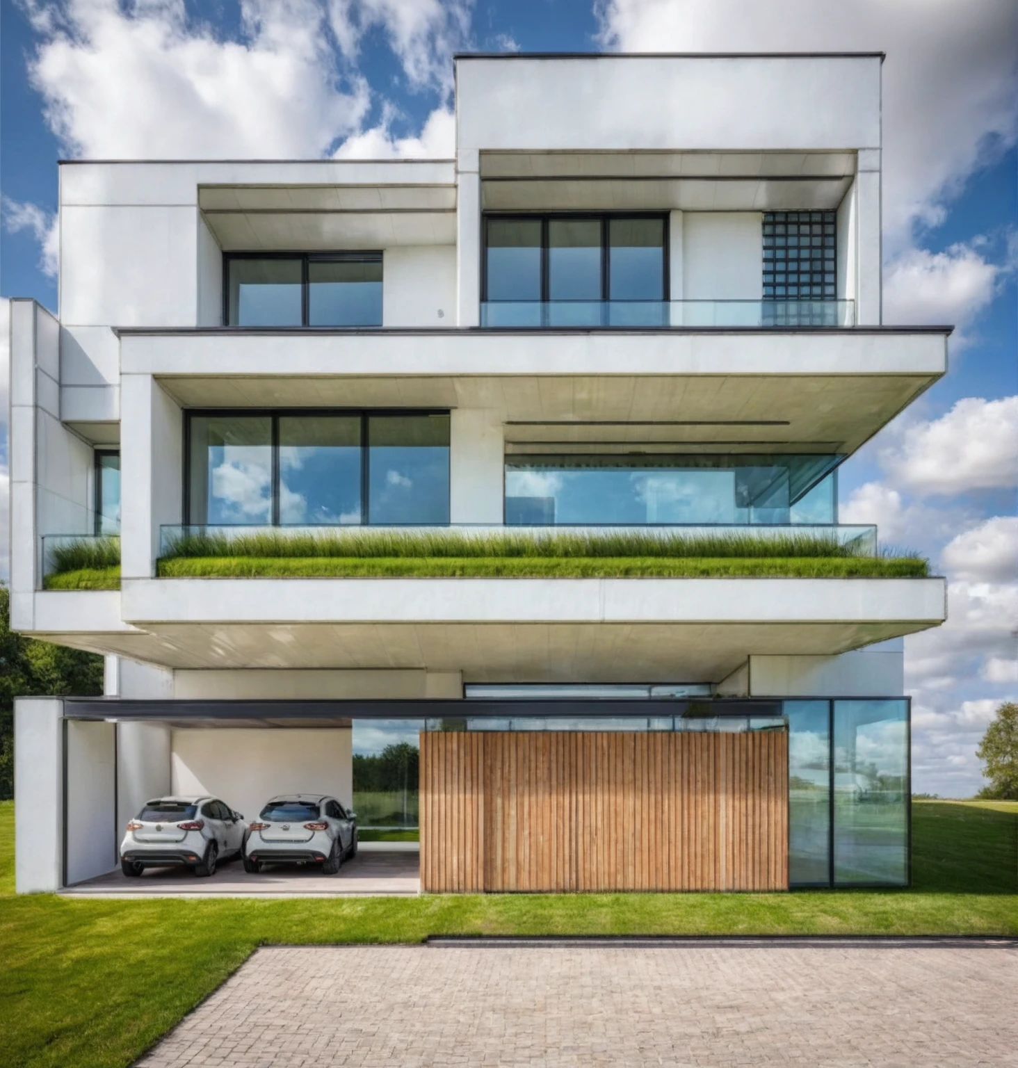 Raw photo, Masterpiece, high quality, best quality, authentic, super detail,
outdoors, house style modern,bietthuHN, white wall, glass windows, canopy,car
road, grass, trees, sky, cloud, daylight:2.2), vivid colors, (realistic:2.3),
