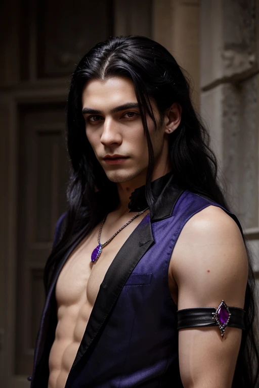 young handsome hetero Man Jinx Edward vampire with big indigo-eyes and gems and long black hair, with nice and delicate face