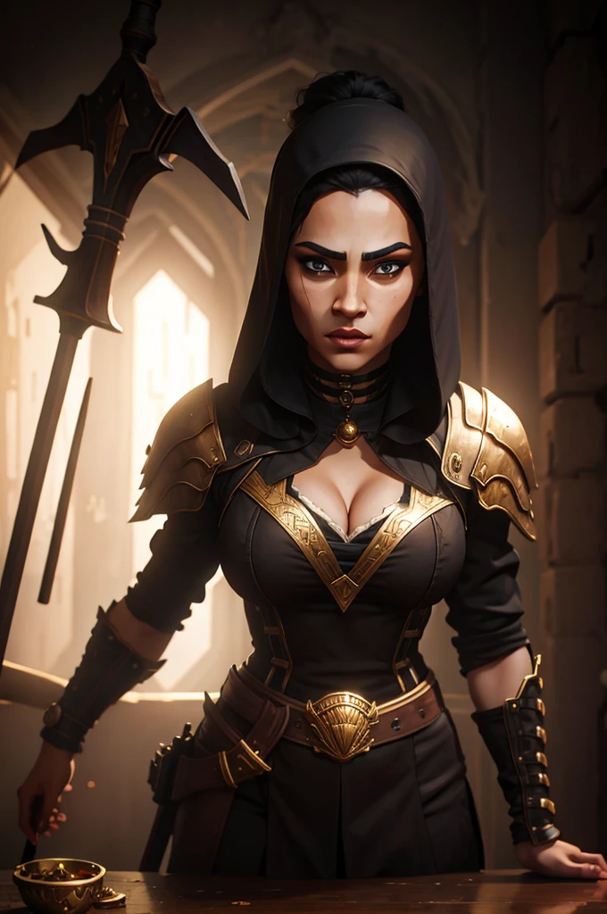 A woman in a black outfit with a sword and a hoodie (masterpiece), best quality, expressive eyes, perfect face, detailed eyes, dark fantasy,, Egyptian warrior, cleavage, black and gold outfit, massive snoopy breast, badass woman, sensual ,