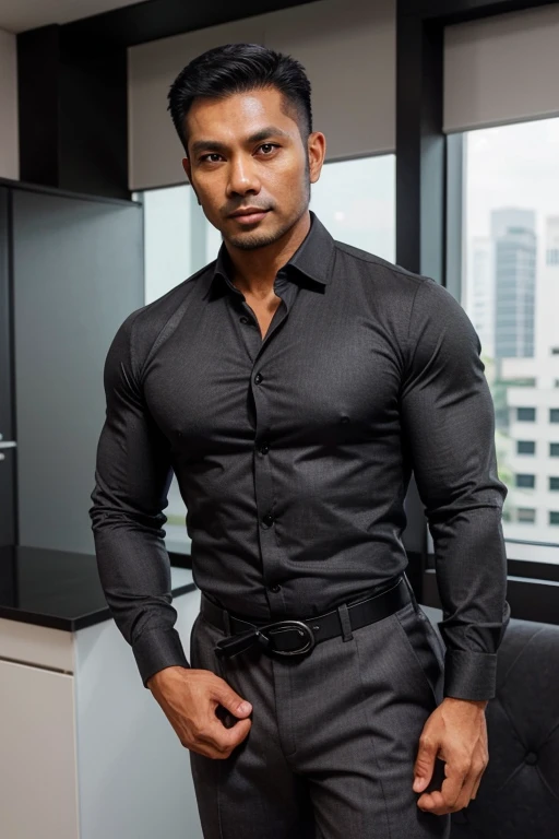 a handsome,muscular,masculine, 35 year old malay malaysian man named Arman with a black side part dressed in a grey fabric rolled up long sleeve collared shirt with a black tie and a pair of grey cotton pants with a black belt from the 1970’s Malaysia