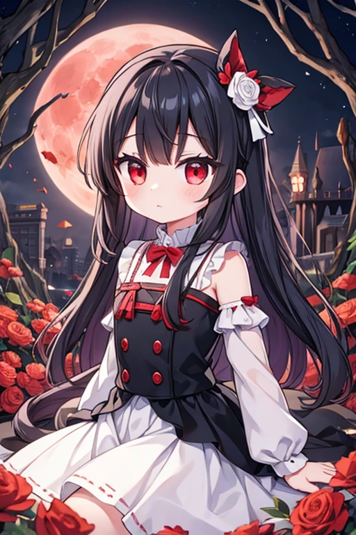 Girl, {loli}, blood moon, black hair, red eyes, black and red tentacles, white flowerfield
