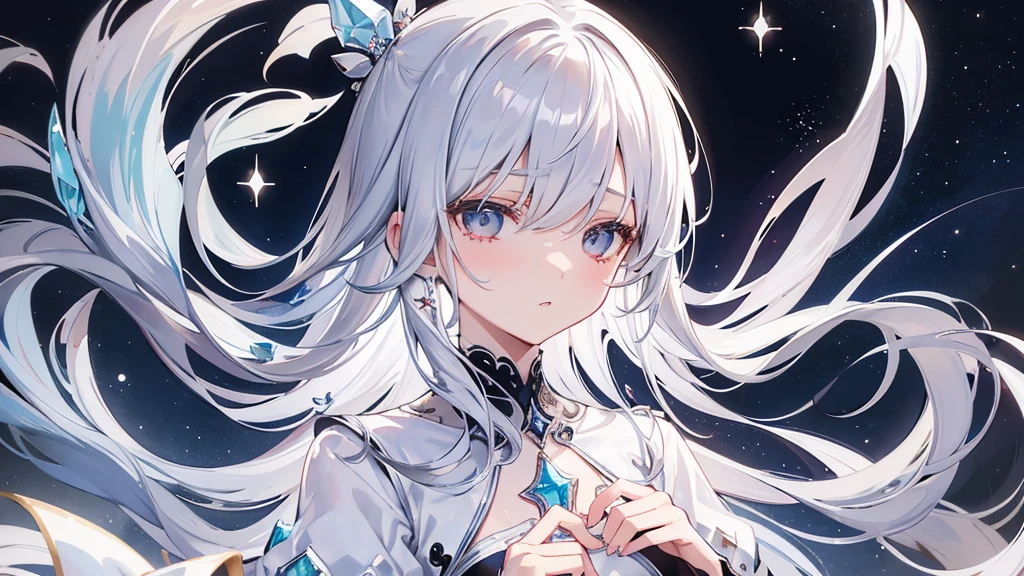 silver hair, hair over eyes, jewelry, sad, parted lips, crossed bangs, floating hair, crystal hair, empty eyes, Renaissance, sparkle, masterpiece, best quality,White Dress,Girl,night,star,whole body,garden,,Young Girl,Close ~ eyes
