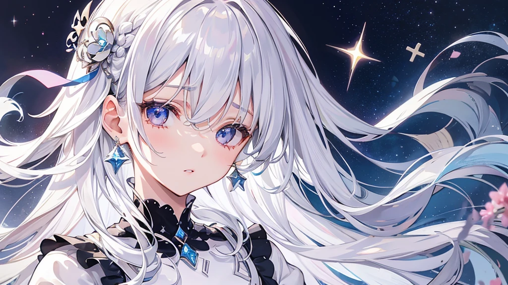 silver hair, hair over eyes, jewelry, sad, parted lips, crossed bangs, floating hair, crystal hair, empty eyes, Renaissance, sparkle, masterpiece, best quality,White Dress,Girl,night,star,whole body,garden,,Young Girl,Close ~ eyes