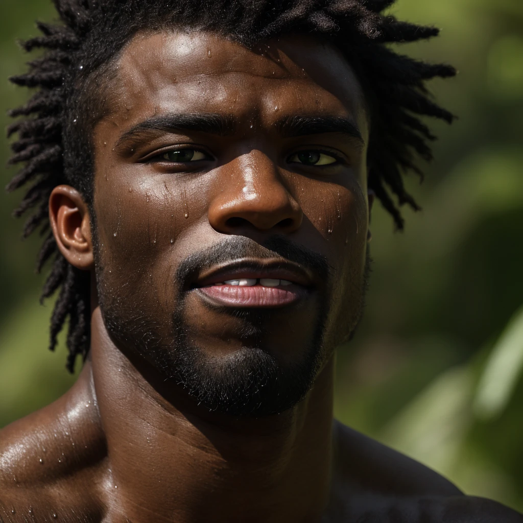 (solo, african black male), extreme close-up, portrait, masculine, square jaw, cleft chin, stubble, handsome, parted smile, (chubby:0.1), beautiful brown green, thick eyebrows, eyelashes, sweating, ultra skin texture, hairy body. (4K, MASTERPIECE, HDR, HD, HIGH QUALITY, NATURE BACKGROUND, sunlight from behind, ULTRA DETAILED, DETAILED HAIR, FACIL HAIR, ULTRA REALISTIC, PHOTOREALISTIC, SHARP DETAILS, MICRO HAIR:1.0).