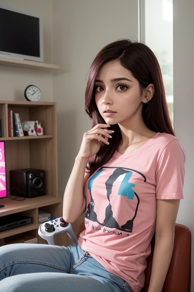 Estilo Pixar , garota morena escura , olhos pretos, cabelos pretos longos e lisos , blusa branca com listras rosa claro na horizontal, with video game controller in hand 