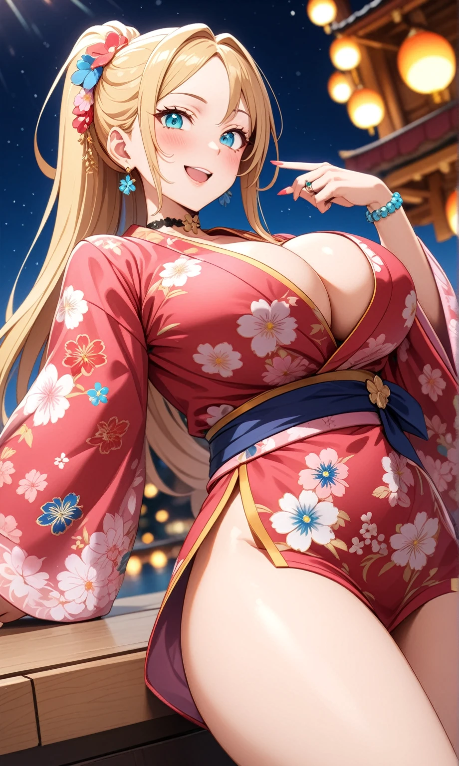 ((One personの女性)), Beautiful Face, Laughing embarrassedly,((Wink:2.0)),Laugh with your mouth wide open,((Red cheeks:1.4)),Glossy pink lips,night,rooftop,Festive decorations,You can see the ocean, firework,((Anime style background)),masterpiece, Highest quality, so beautiful, Latest, Complex details, (Pink long nails),(ring),(flower bracelet),Floral choker,AI-generated, Complex,High resolution, Highest quality, super high quality,3D Images、View your viewers、3D Images,One person,Long blonde hair,High Ponytail,Turquoise Eyes,Anime woman posing for a photo, (Fine grain,Colorful eyes,Shining Eyes:1.3),(Squint your eyes:1.1),a hyperRealistic , hyperRealistic , Realistic,Blonde anime woman with long hair, Smooth anime CG art, A woman in a colorful kimono with gold embroidery, (Pink long sleeve kimono),Red floral pattern,Long flower hair ornament,Large floral earrings,(ring),(Big Breasts:1.2),Mature Body,Tall,Big Ass,Narrow waist,Abdominal muscles,(Zoom in on face:1.5),Shooting from below at an angle