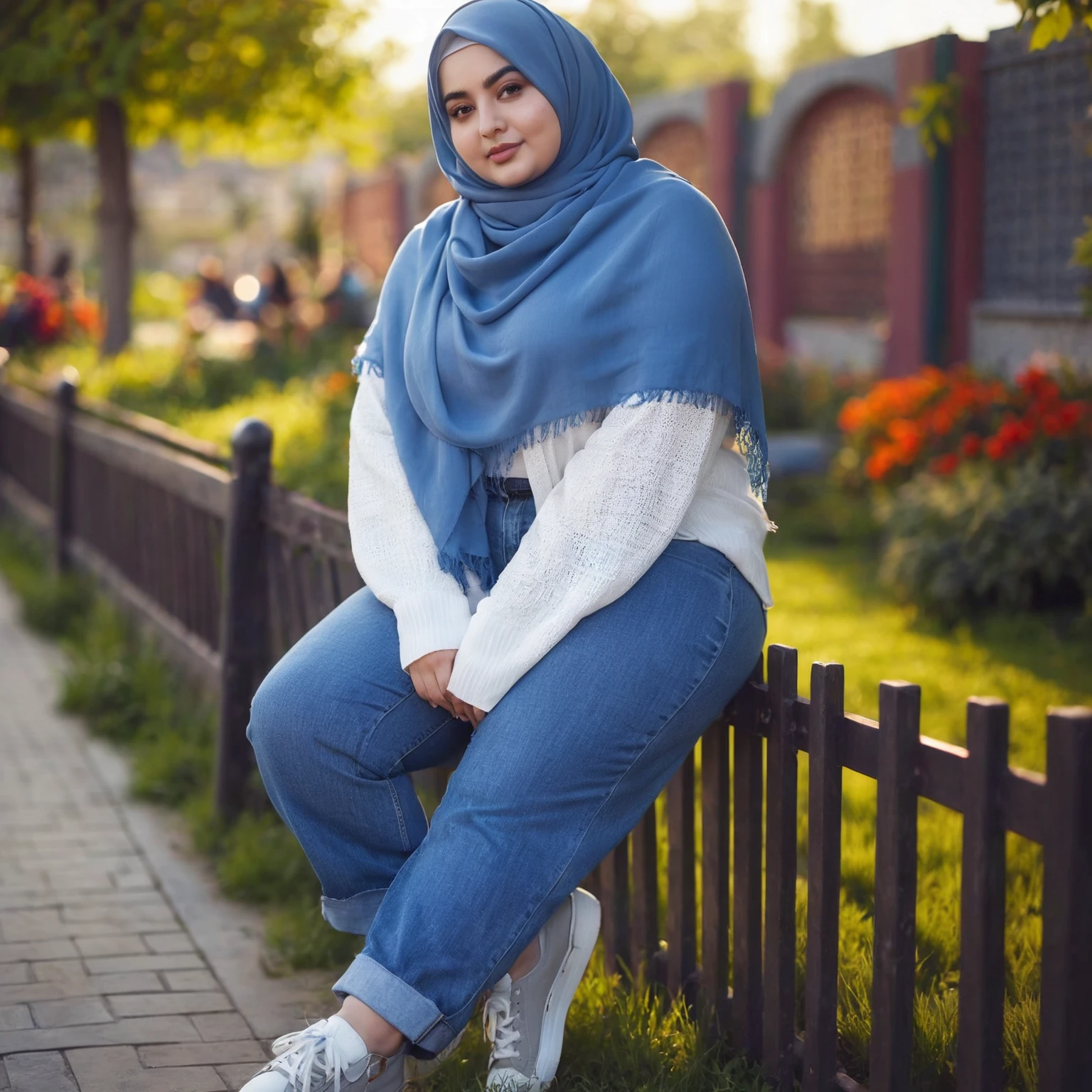 a big fat body woman sitting on a fence with a blue scarf and white shoes, hijab, casual pose, wearing casual clothes, casual photography, with lovely look, blue jeans and grey sneakers, wearing casual clothing, in garden, inspired by Naza, in a park, white hijab, inspired by Shaddy Safadi, wearing denim, beutiful, at a park, 1024px