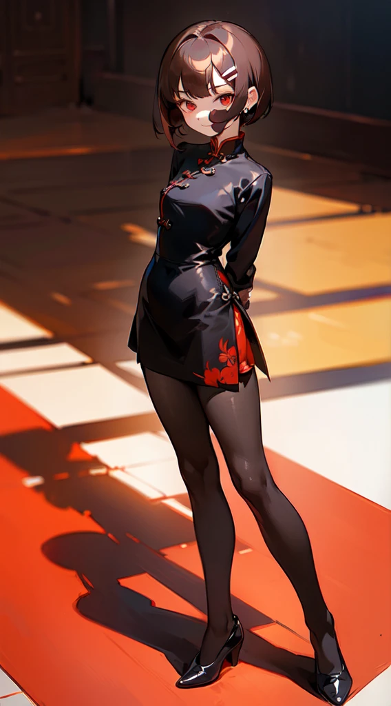 (masterpiece, sidelighting, finely detailed red eyes: 1.2), ((best quality)), ((masterpiece)), (highly detailed:1.3), anime, loli girl, , childish body, cheongsam, chinese dress, pale skin, (shadowed eyes, darkened eyes), (smirk, mischevious grin), (short-medium hair, brown hair, messy haircut, hair between eyes, hairclips on left side), ((dark black pantyhose, dark stockings)), earrings, hands behind back, scar on left hip, solo, 1girl,