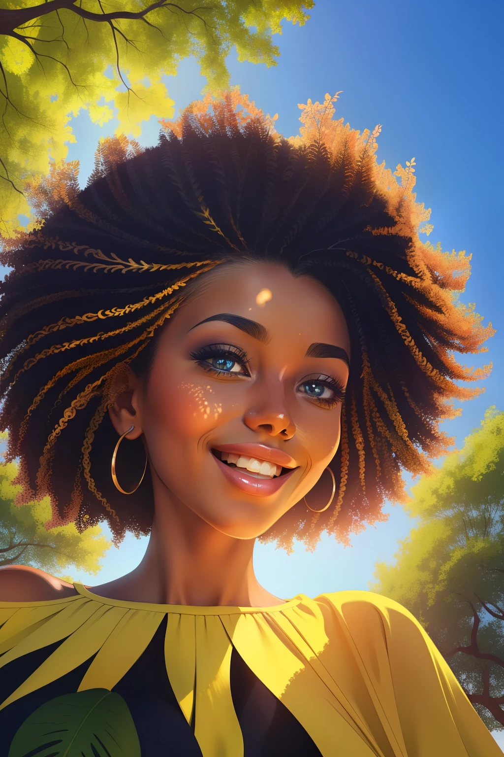 Woman standing under a majestic oak tree, masterpiece illustration of an epic composition, showcasing a radiant black woman with a charming face, surrounded by a vibrant array of bright colors, illuminated by the golden sunlight filtering through the leaves. The illustration, featuring a cute art style with a rich two-dimensional cartoon feel, boasts rich layers and intricate black lines, creating a striking contrast against the brilliant colors. The woman's face, adorned with a smile, boasts a clear complexion and captivating, large eyes. The entire scene, presented in ultra-HD quality, exudes a sense of tranquility and harmony with nature, as technology seamlessly blends with
