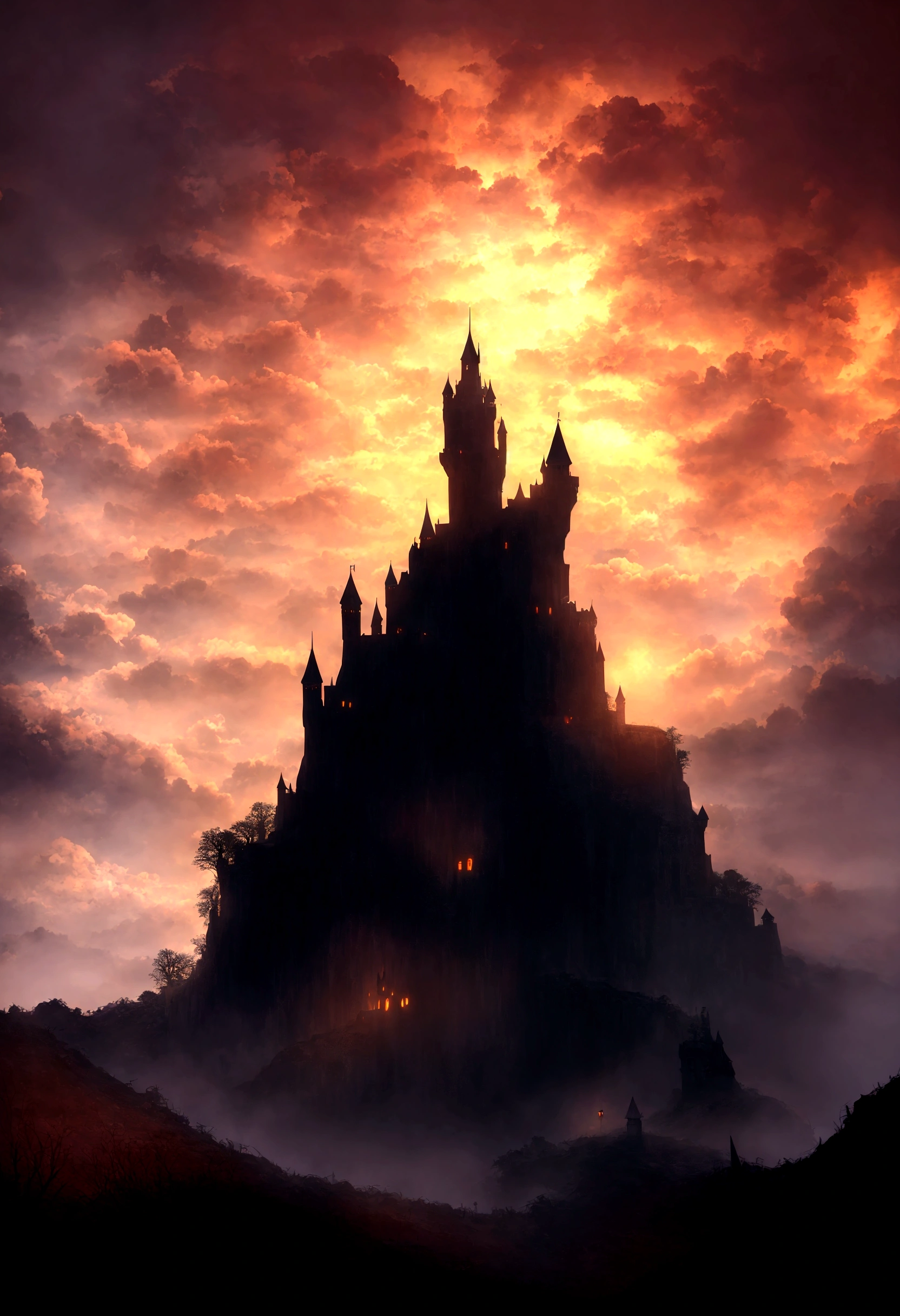 there is a castle in the middle of a mountain with a sky background, misty square, high fantasy square, square made of clouds, atmospheric fantasy scenery, square in the clouds, fantasy atmospheric lighting, uma cidade antiga em chamas, paisagem de fantasia medieval, fantasy square, epic fantasy landscape, epic square with tall towers, square dark background, impressionante paisagem de fantasia