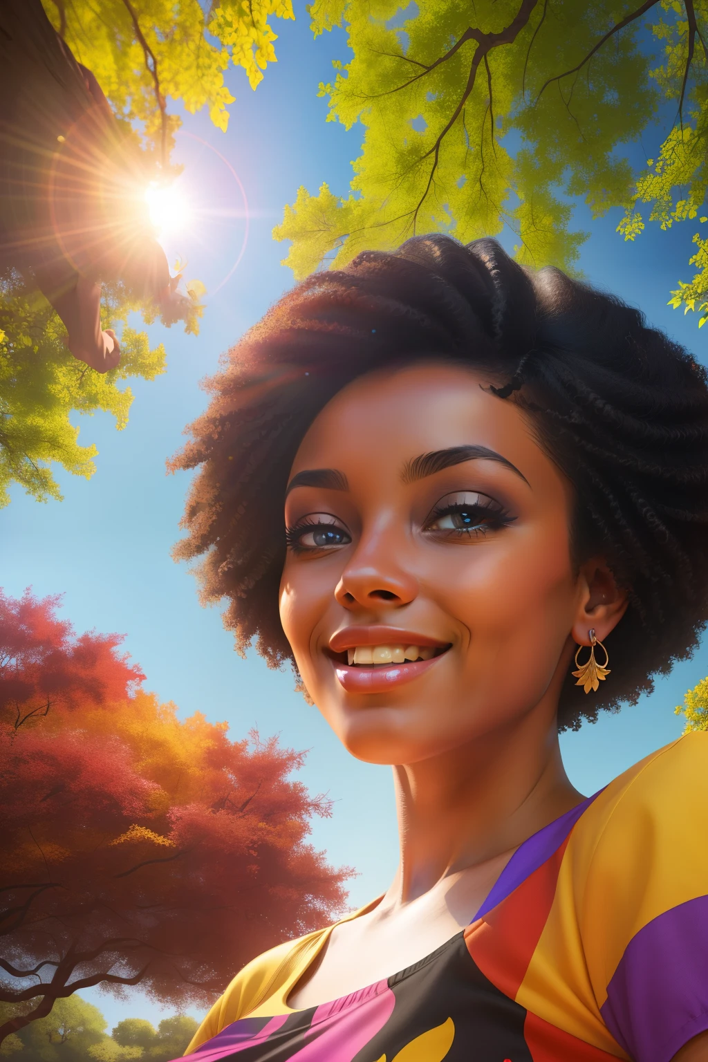 Woman standing under a majestic oak tree, masterpiece illustration of an epic composition, showcasing a radiant black woman with a charming face, surrounded by a vibrant array of bright colors, illuminated by the golden sunlight filtering through the leaves. The illustration, featuring a cute art style with a rich two-dimensional cartoon feel, boasts rich layers and intricate black lines, creating a striking contrast against the brilliant colors. The woman's face, adorned with a smile, boasts a clear complexion and captivating, large eyes. The entire scene, presented in ultra-HD quality, exudes a sense of tranquility and harmony with nature, as technology seamlessly blends with