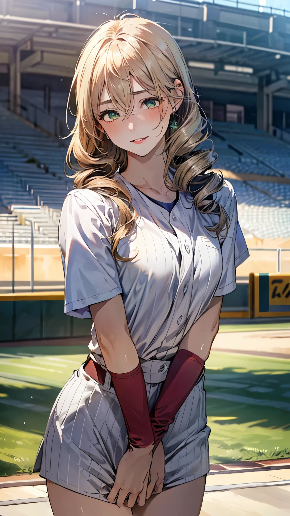(masterpiece:1.3, top-quality, ultra high res, ultra detailed), (realistic, photorealistic:1.4), beautiful illustration, perfect lighting, natural lighting, colorful, depth of fields, ,
beautiful detailed hair, beautiful detailed face, beautiful detailed eyes, beautiful clavicle, beautiful body, beautiful chest, beautiful thigh, beautiful legs, beautiful fingers, shiny skin,
looking at viewer, 1 girl, high school girl, baseball cosplay, (perfect anatomy, anatomically correct, super detailed skin), cute and symmetrical face, face, perfect face, perfect eyes, ,
(middle hair:1.5, drill hair:1.2, blonde hair), hair between eyes, emerald green eyes, slant eyes, long eye lasher, (medium breasts:1.2, seductive thighs), skin dendation,
(detailed cloth texture, pink baseball uniform:1.2),
(beautiful scenery), summer, late afternoon, (baseball stadium:1.1), standing, (hands on chest), (lovely smile, upper eyes, parted lips), diffused natural sunlight, diffused natural skin glow,
