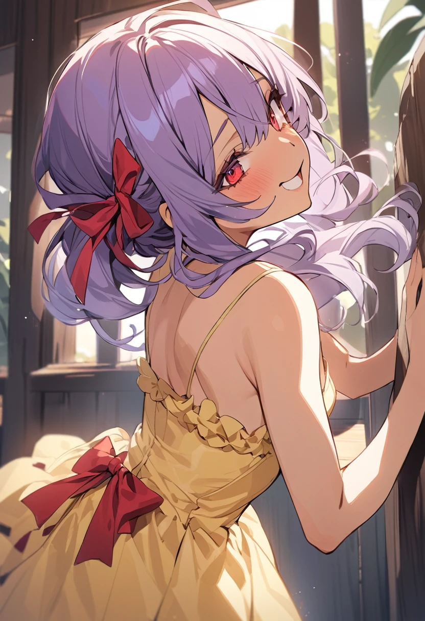 (anime style),masterpiece, best quality, extremely detailed,tanned skin,13yo gal,dark skin Beautiful body,flat breasts,BREAK,multicolored dark Purple hair,little side ponytail,short hair with long locks,BREAK,red eyes,naughty smile,shy,open mouth,eyes widen,smile face,detailed lips,False eyelashes,BREAK,cotton red big ribbon,BREAK, yellow camisole dress,frilled clothing,bridal gown,leaning_forward,break,head tilt,looking back