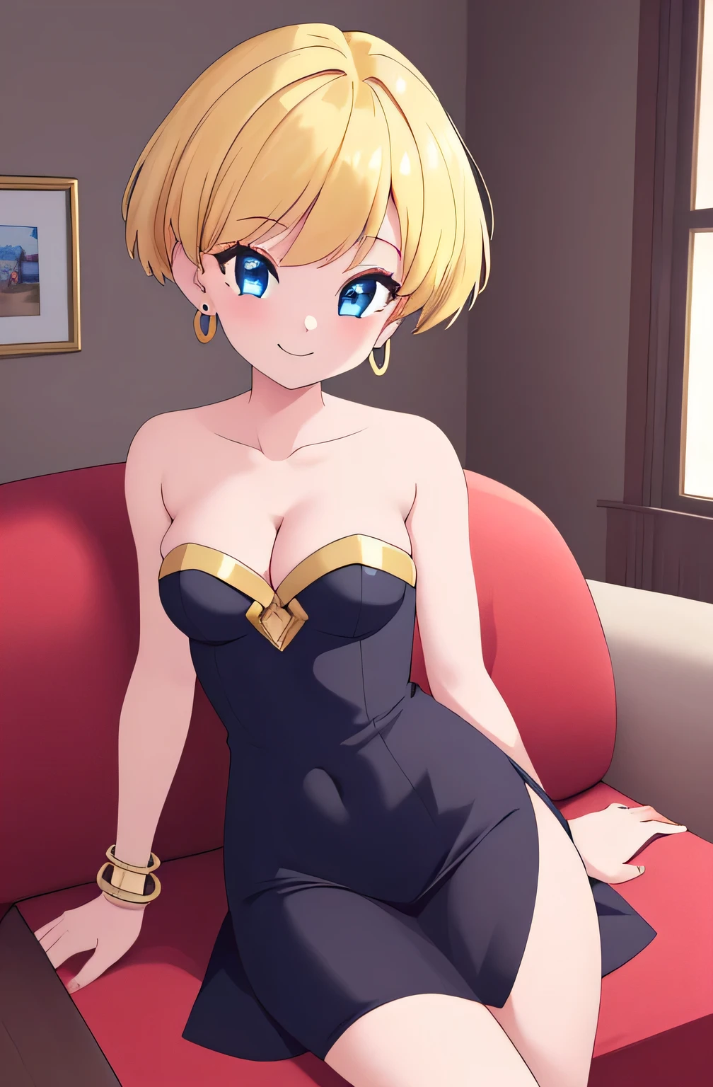 (Best Quality, Masterpiece:1.4), (Absurdres:1.2), 1 girl, Solo, erasa, blonde hair, blue eyes, gold earrings, gold bracelets, cleavage, small breasts, strapless black rubber tube dress, sitting on a couch, indoor room, smile, looking at viewer, cowboy shot
