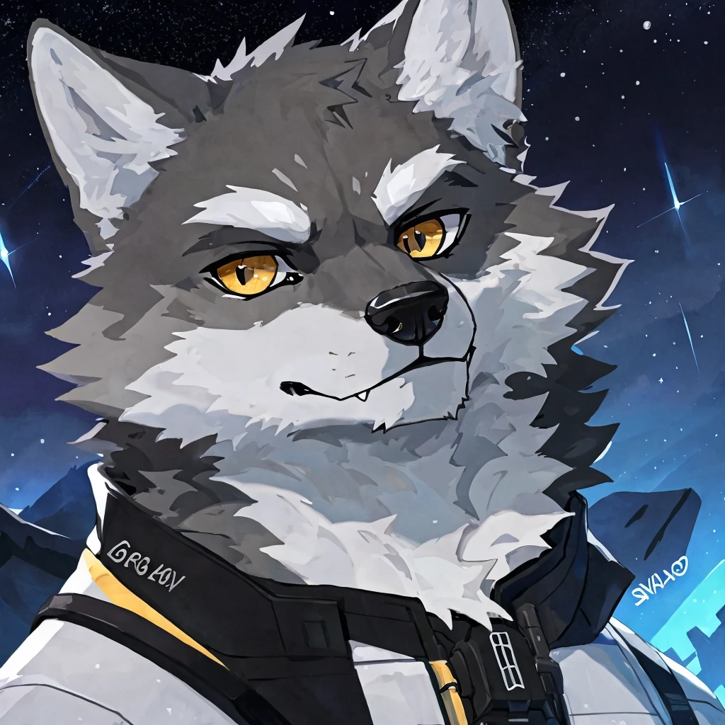 fang, dogboy,wolf, Gray Wolf，UHD，，Golden pupils，Black pupils，Platinum Mech，Starry Sky，White eyebrows，individual